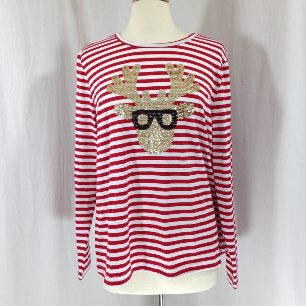 Red Striped Sequin Bling Reindeer Long Sleeve Top
